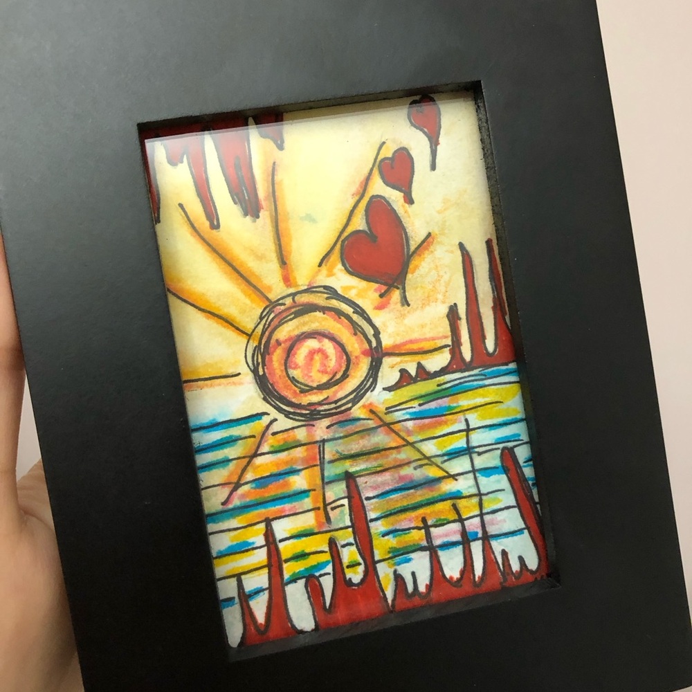 Framed Abstract Sun Art Original Sunrise or Sunset with Red and Yellow Accents